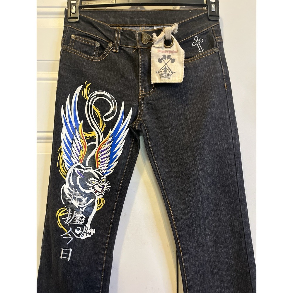 VTG Y2K Blac Label Embroidered Winged Panther Cross Skull Bootcut Jeans Size 3/4